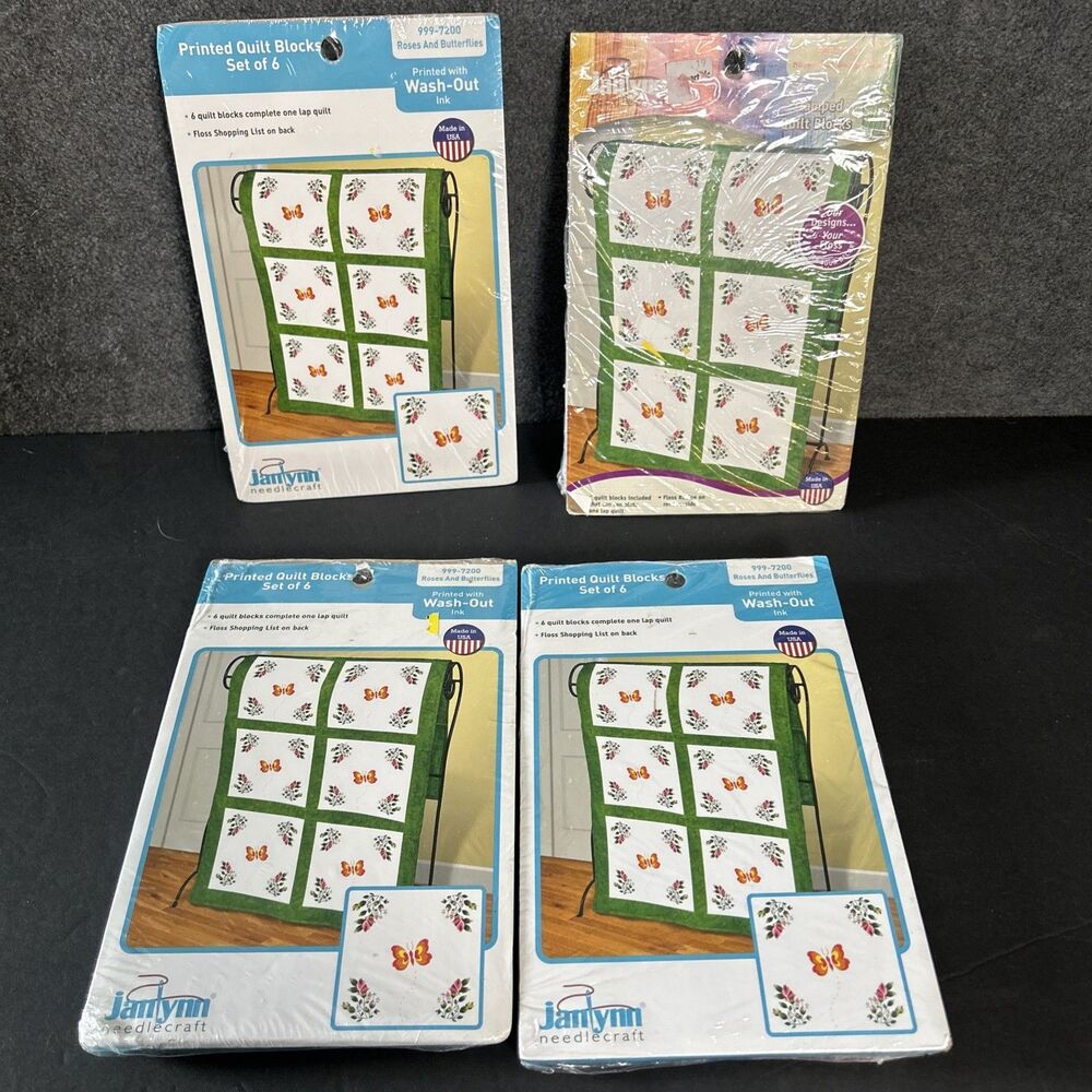 Janlynn Needlecraft - Roses and Butterflies - Set of 6 Printed Quilt Blocks NEW